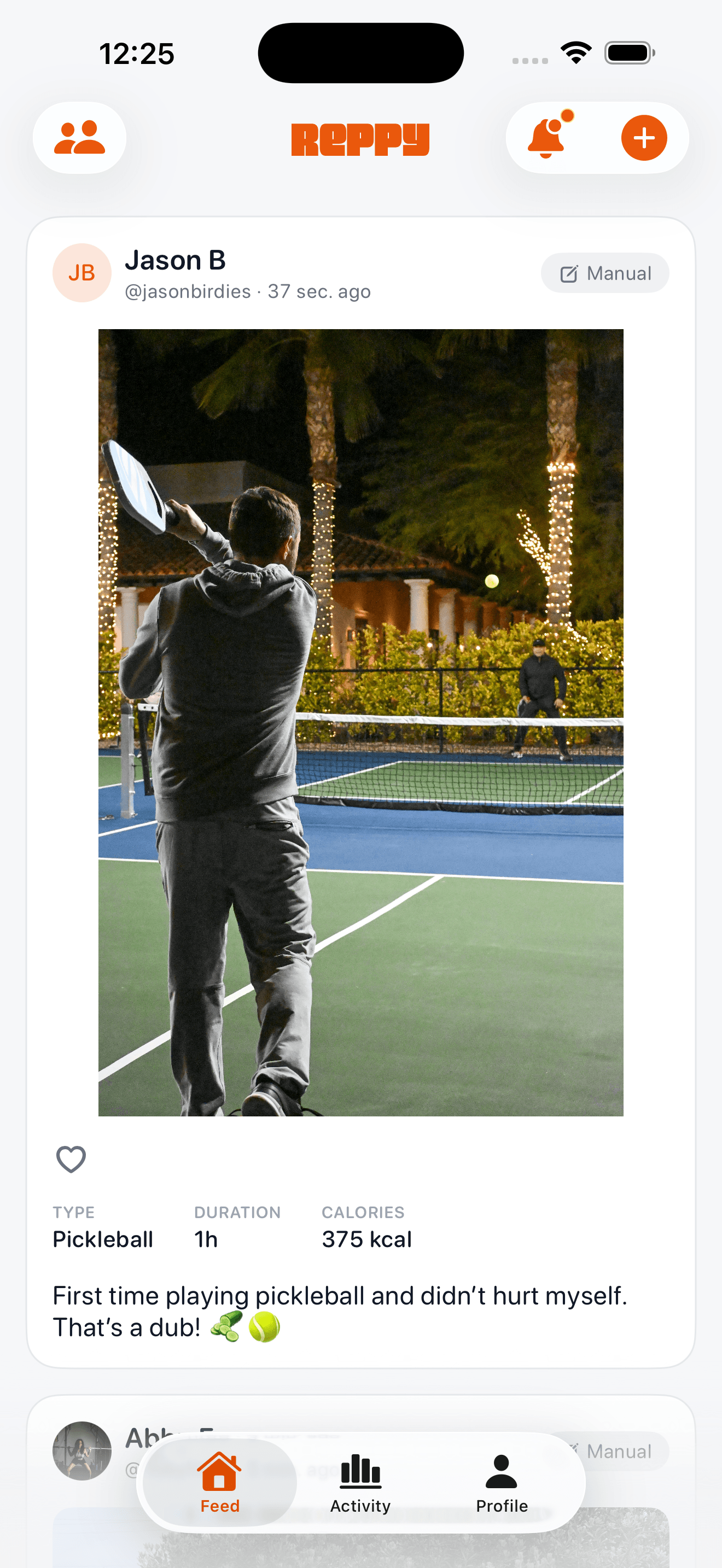 Reppy feed showing a friend's pickleball post with workout stats